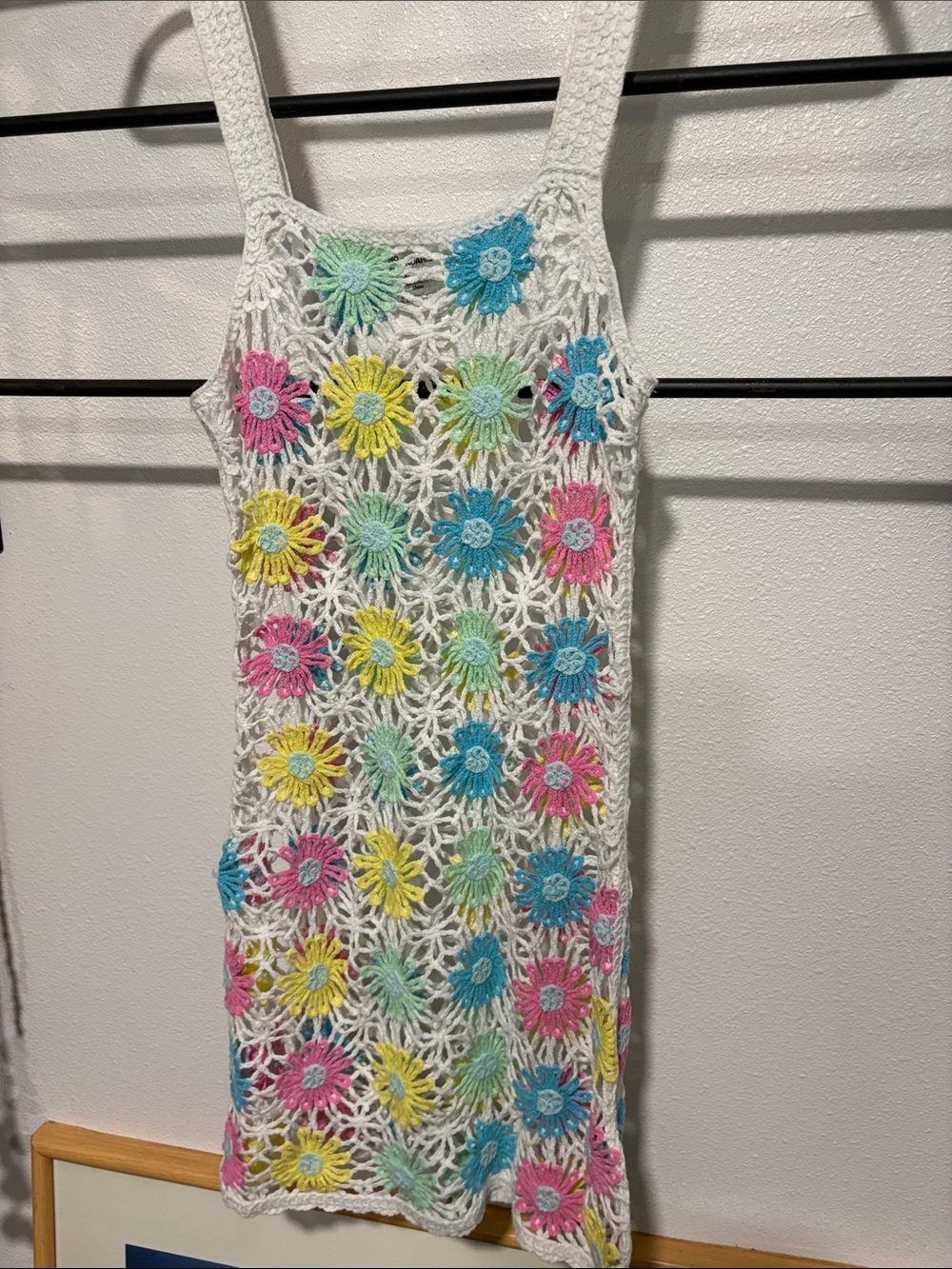 Crochet Floral Sun Dress — White with Pastel Flowers